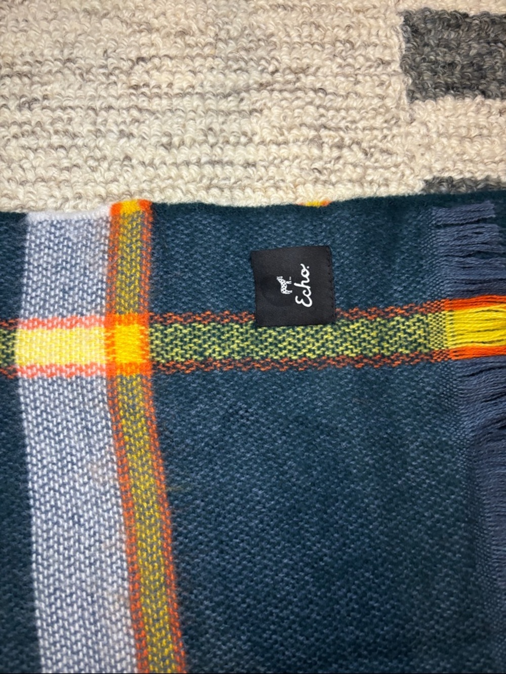Echo Plaid Scarf Navy Yellow Tartan Fringe Wrap - Picture 8 of 12